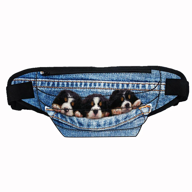 

Three cute dog on jeans pocket design printing custom fanny pack waist bag with multi compartment fit for running, Customized