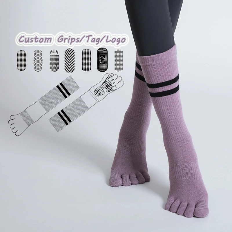 Wholesale Custom Logo 5 Toe Yoga Grip Socks Anti-Slip Thick Long Crew Length Anti-bacterial Gym Pilates Socks Knitted Customized