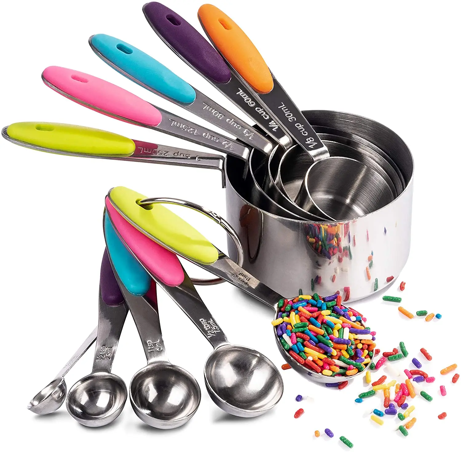 

Dishwasher Safe Stainless Steel Measuring Cups and Spoons with Non-Slip Multi-Color Silicone Grips