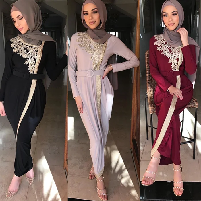 

2021 Luxurry Islamic National Costume Muslim Embroidered Beaded Long Slim Abaya Dress for Women, Picture color