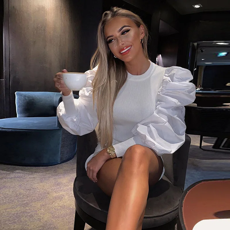 

Fashion Crop Top Solid Women Clothing Pleated Sleeves Tops Ladies