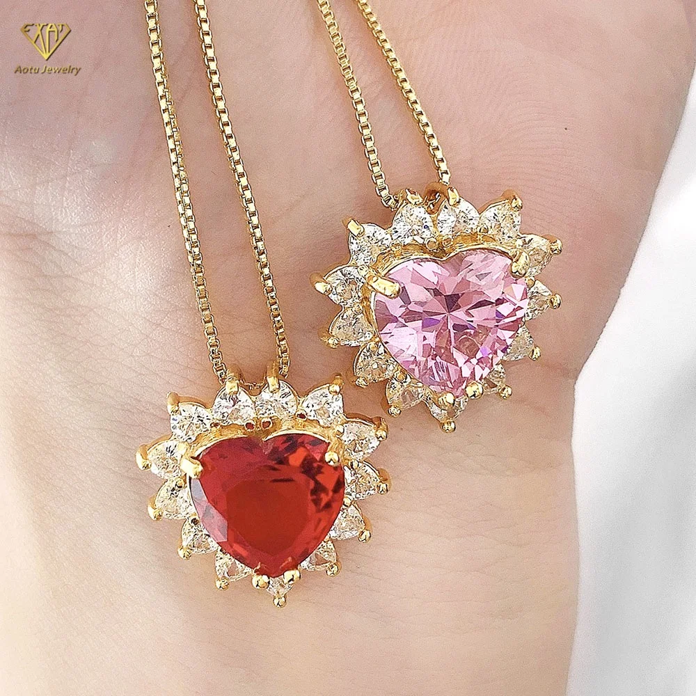 

18K Gold Plated Dainty Red Heart Crystal Diamond Necklace Jewelry