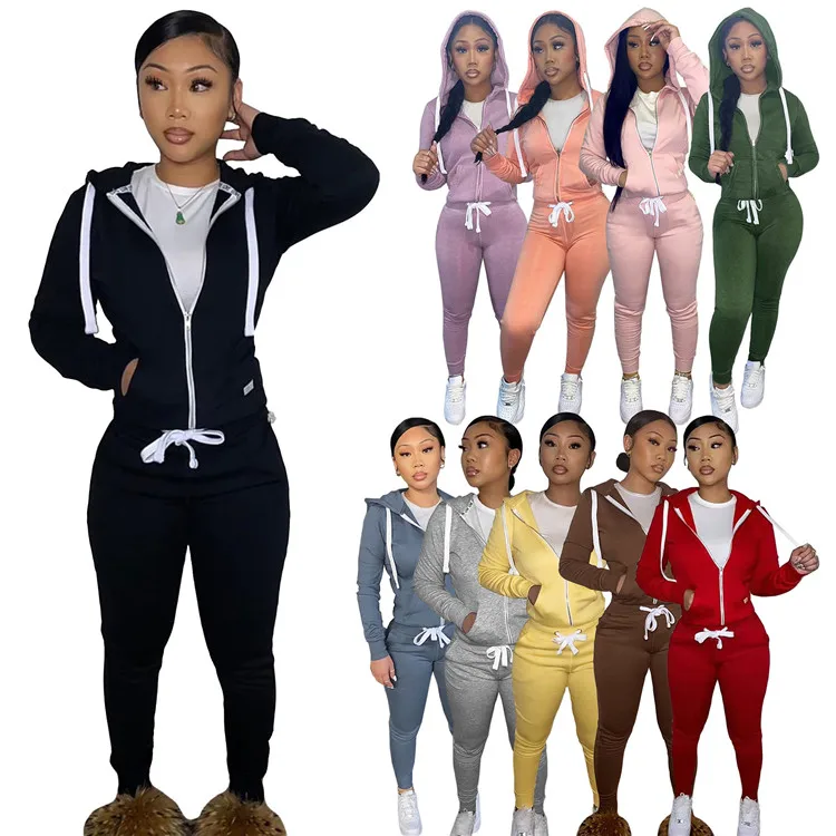 

Custom Logo 2021 Autumn Casual Ladies Tracksuit Long Sleeve Hooded Plush Sweatsuit Womens Two Piece Set, Picture shown