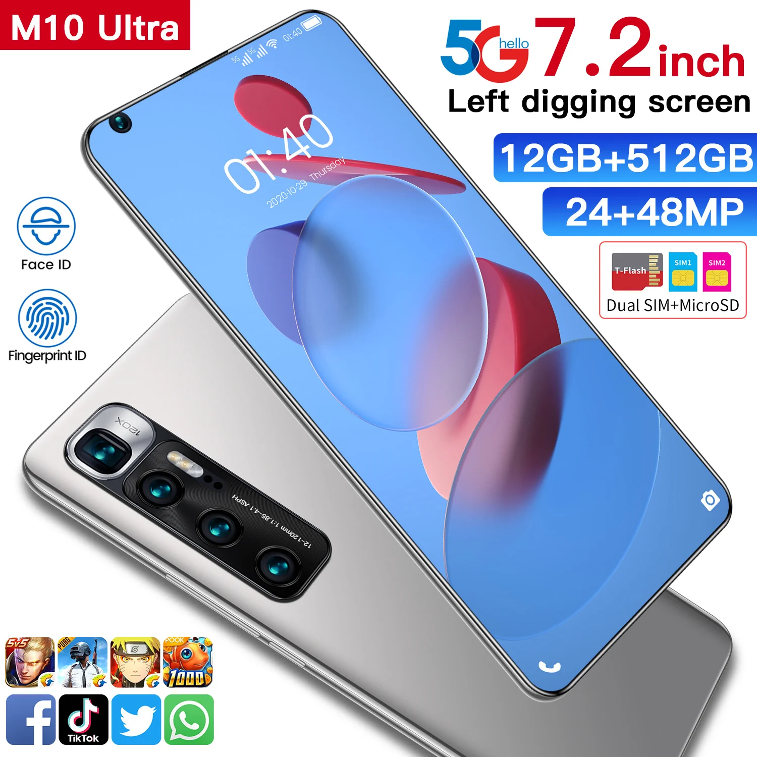 

7.2inch M10 Ultra 12GB+512GB Smartphone Full Screen Mobile Phone Finger/Face Unclock Cellphone