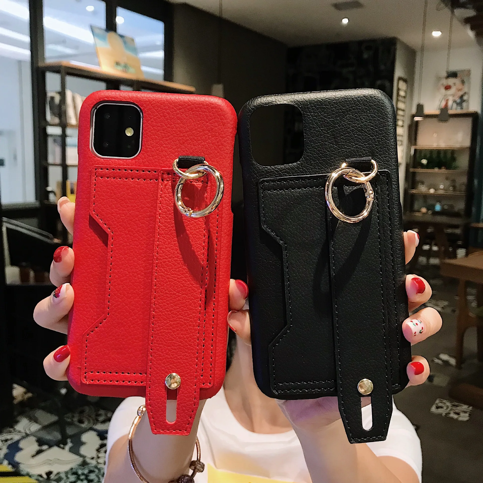 

luxury pu leather phone case for iphone 12 case wallet leather credit card holder leather case for iphone 11 pro max xr 7 8, Black,red