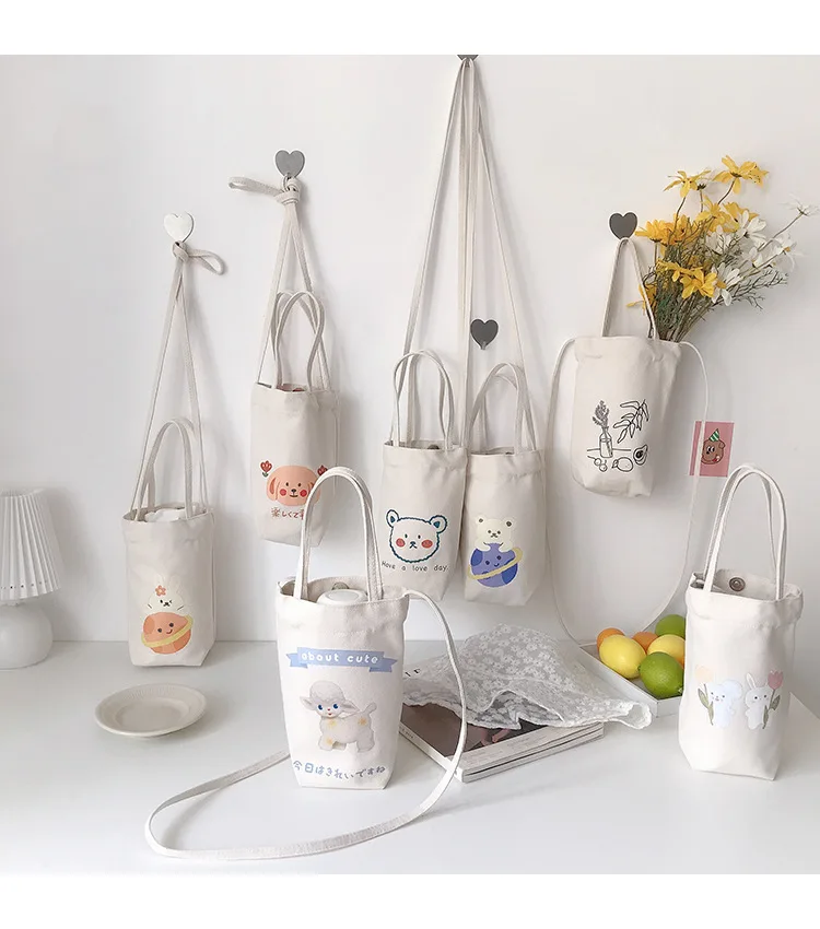 

Cute Mini Size Drink Cup Set Custom Handmade Milk Tea Canvas Cup Set Tote Bag Tea Cup Bag