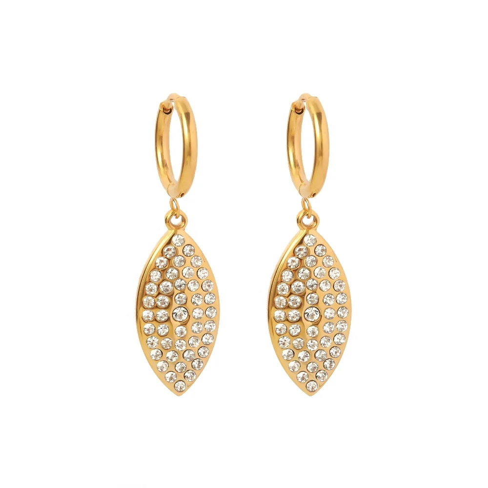 

Leaf Shape Shiny Cubic Zircon Non Tarnish 18k Gold Plated Stainless Steel Pendant Earrings Women