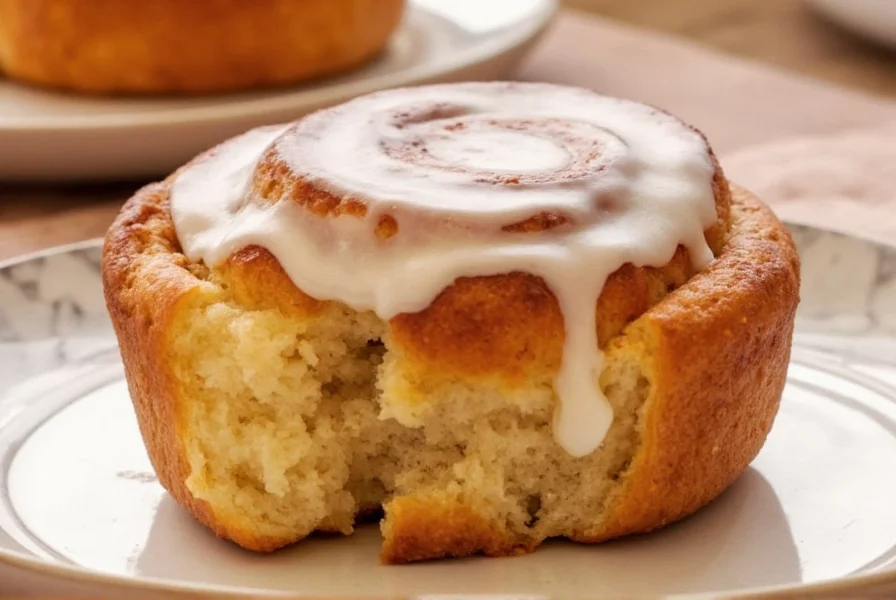 Perfectly golden cinnamon rolls fresh from air fryer with melted icing dripping down sides