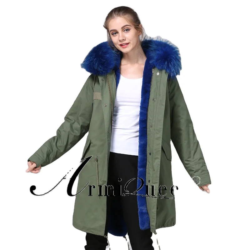

Ladies Military Green Long Simple Fashionable Winter Faux Fur Coat with Blue Real Fur Hood, Military green and customized color