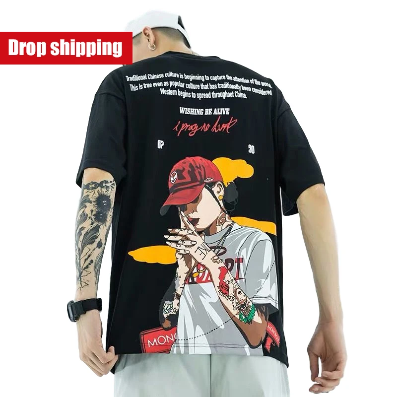 

Behind the big printed European and American hip-hop t-shirt men loose casual half-sleeved summer short-sleeved men