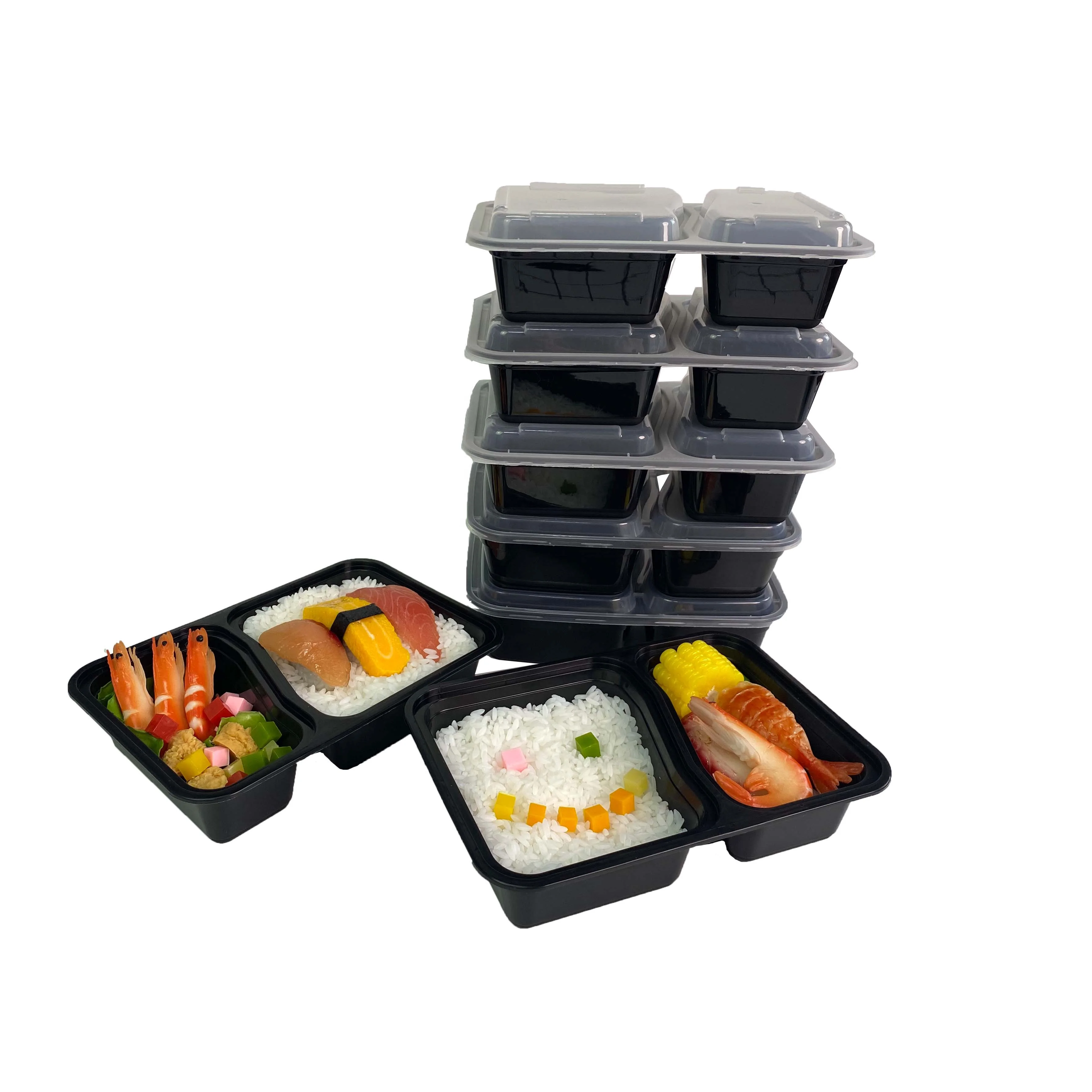 

wholesale 1000ml / 34oz 2 compartments microwave plastic disposable takeaway fast food / meal prep container, Black