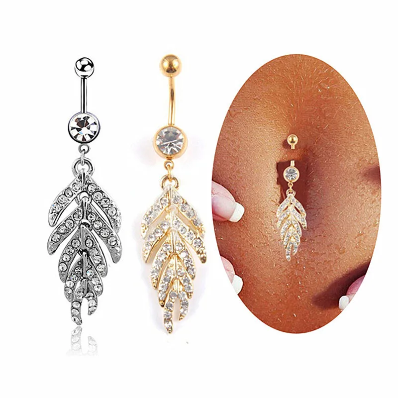 

Women Body Jewelry Rhinestone 316l Feather Belly Navel Rings Piercing Surgical Steel Crystal Leaf Belly Button Rings Dangle, As picture