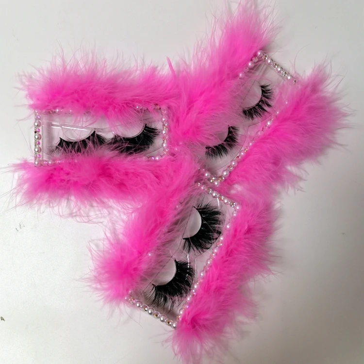 

High quality siberian mink eyelash strips 3d-5d winged 100% mink eyelashes with pink feather eyelash boxes, Natural color
