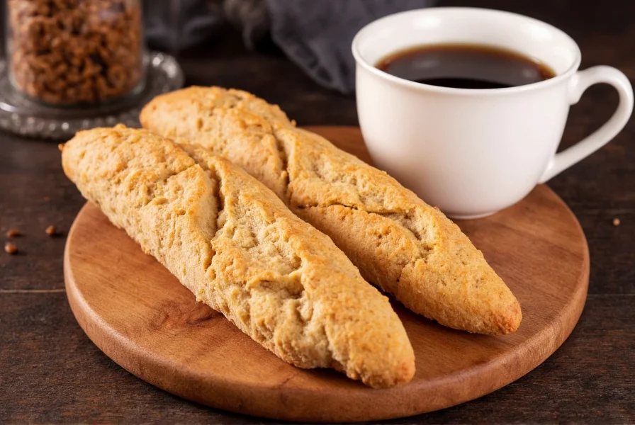 Traditional Italian anise biscotti arranged on wooden board with coffee cup