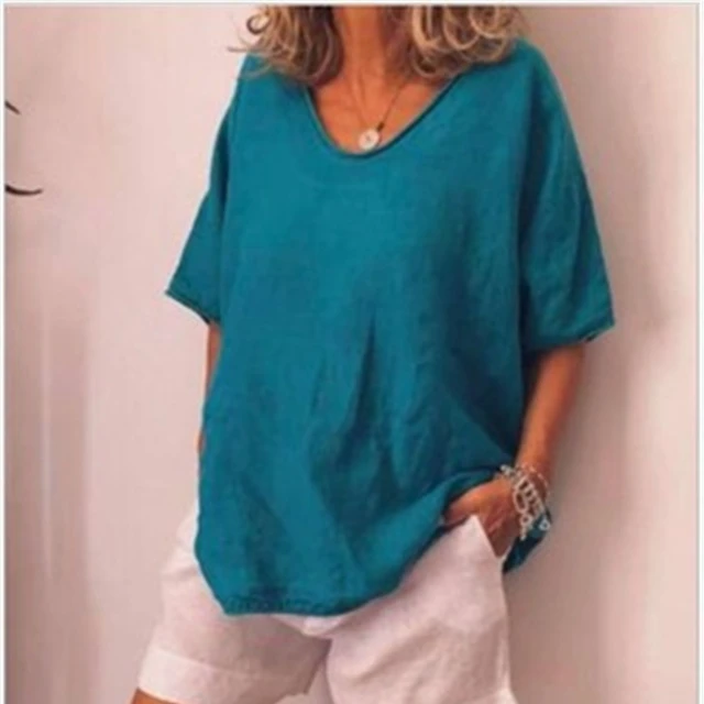 

2021 Summer New Comfortable Loose Solid Color Short-sleeved Casual Cotton And Linen T-shirt, Picture color
