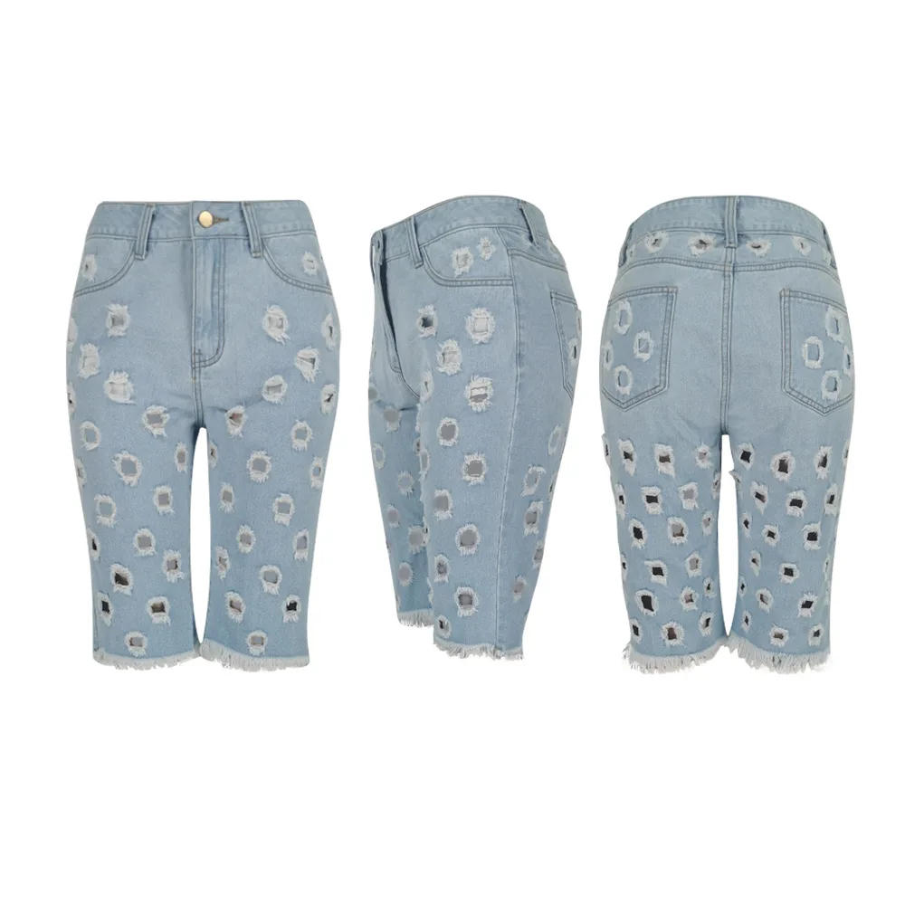 

2021 Summer ripped jeans girls jean shorts plus size jeans for women, Blue