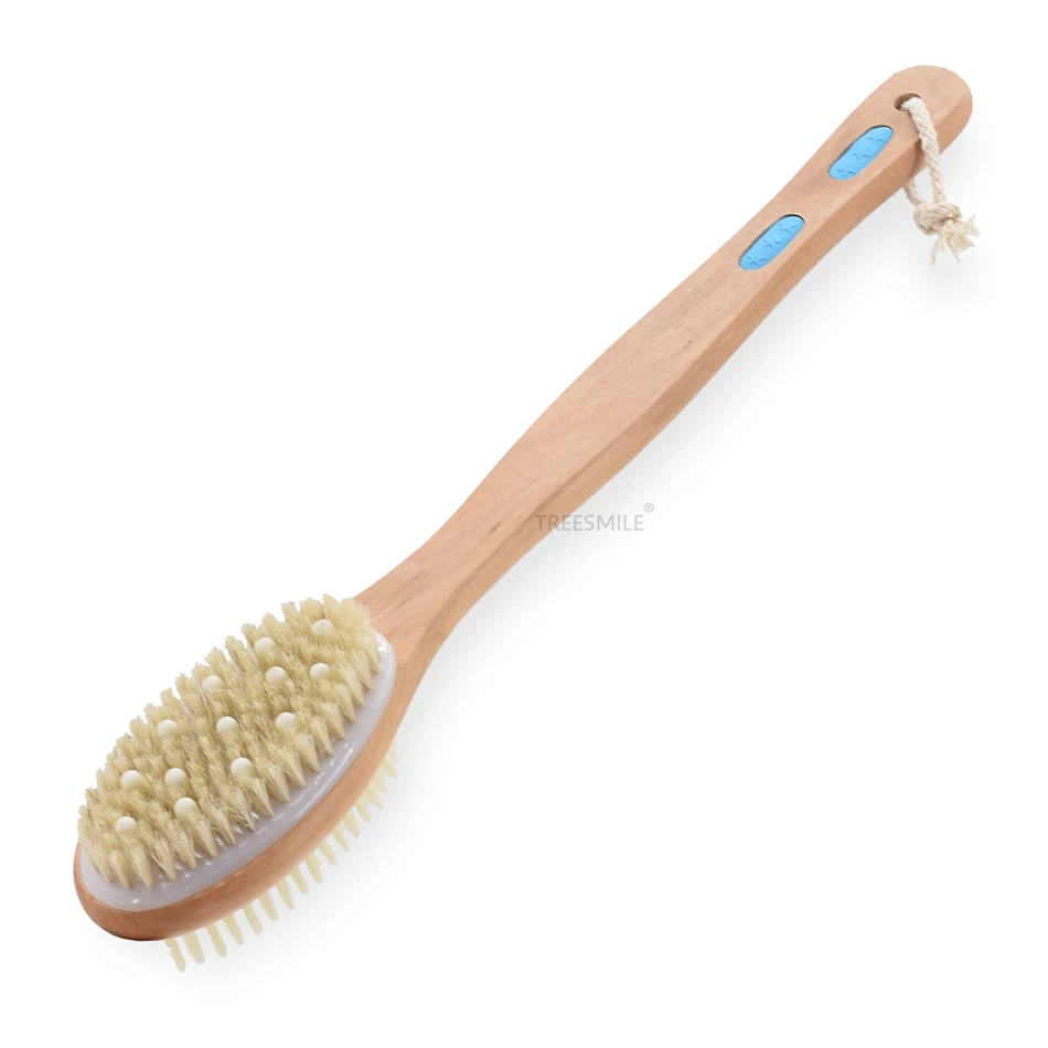 

Shower Body Exfoliating Brush Bath Back Cleaning Scrubber Dry or Wet Skin Brush with Soft and Stiff Bristles Treesmile OEM logo