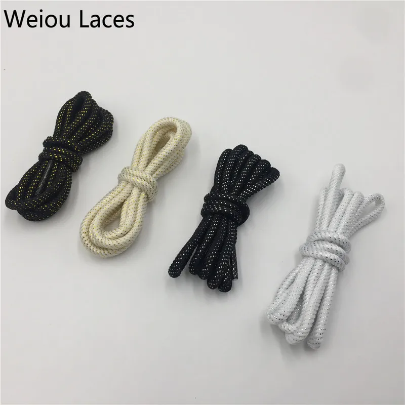 

Weiou Wholesale Fashion Metallic Yarn Round sport shoelaces for lacing up shoe silver metallic macrame cords, Bottom based color + silver metallic yarn