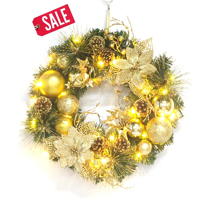 

SENAMSINE Custom prelit Artificial Christmas 40cm Wreath With Lights pinecone glitter flowers gold Balls front door Decorative