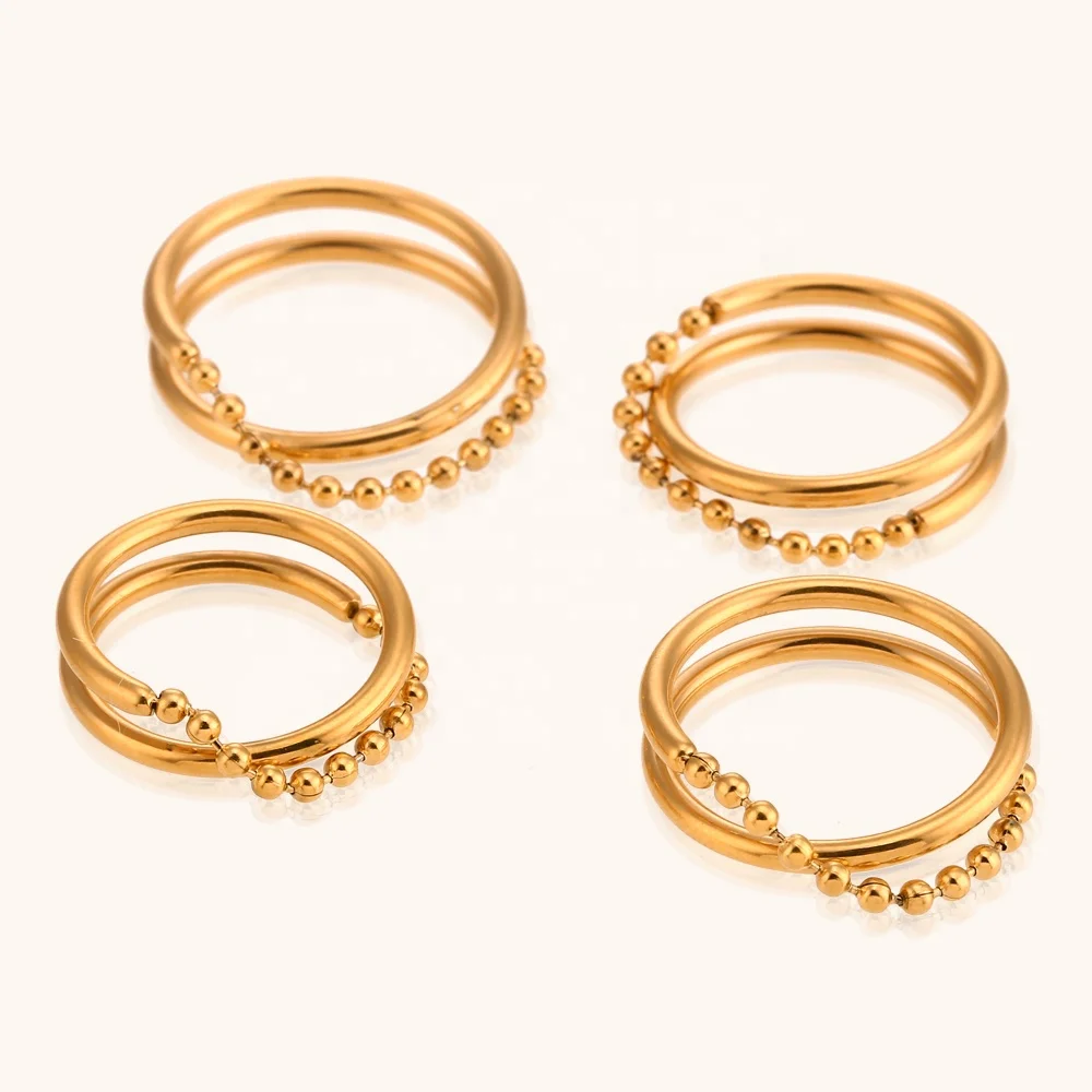 

Ding Ran Double Layer Cross Bead Rings Tarnish Free PVD Gold Plated Stainless Steel Fashion Jewelry Ring