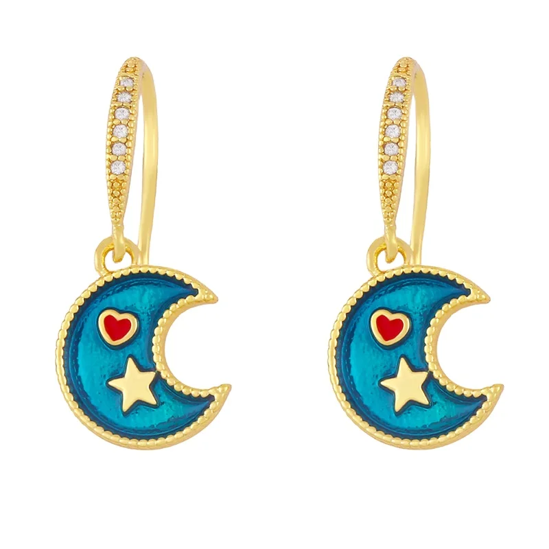 

European Fashion Micro Paved Zircon Small Heart Star Moon Enamel Earrings Creative Oil Drop Moon Hoop Dangle Earring