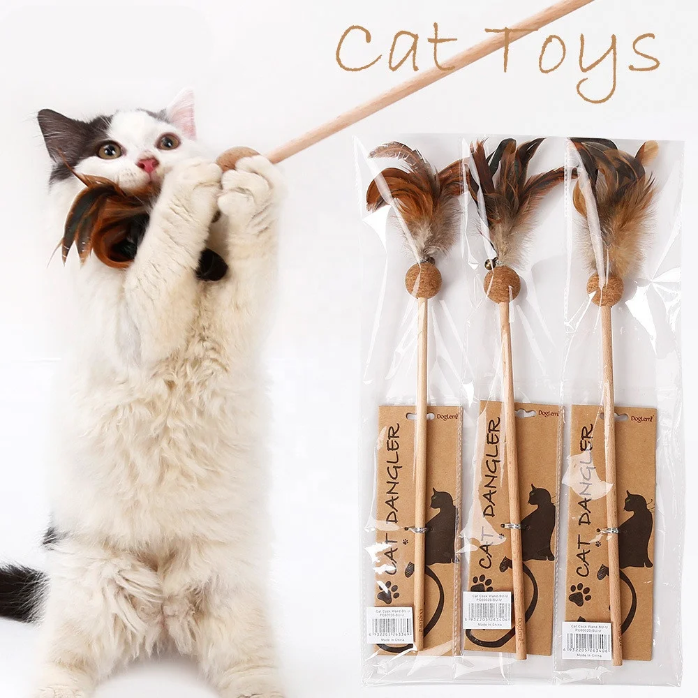 

Eco-friendly Feather Wood Cat Toy with Bells Teeth Play Stick, Photo