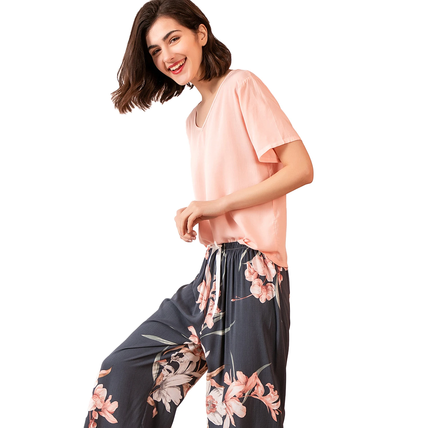 

Summer Pajamas Set Women Loungewear Cotton Viscose Contrasting Color Pajamas Short Sleeve Tops with Long Trousers Ladies Pj Set, As show