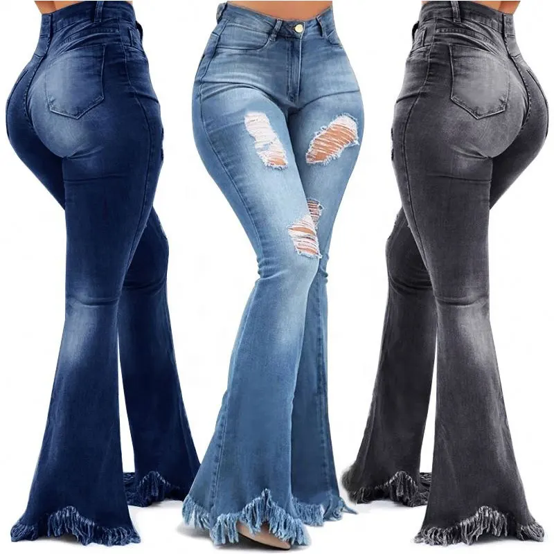 

2021 Wholesale Ladies Wide Leg Denim Pants Women High Waist Ripped Fringe Jeans Bell Bottoms Jeans, Picture color