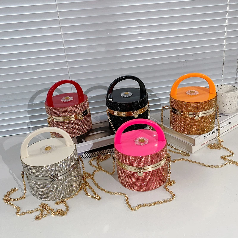 

Bling Bling Diamond Box Purses Ladies Acrylic Handbags Luxury Lady Crystal Round Chain Shoulder Hand bags For Women