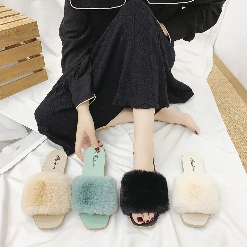 

Fashion Women Slippers Furry Fox Fur Slides Home Color Fur Flip Flops Fluffy Plush House Shoes Female Cute Winter Warm Slippers