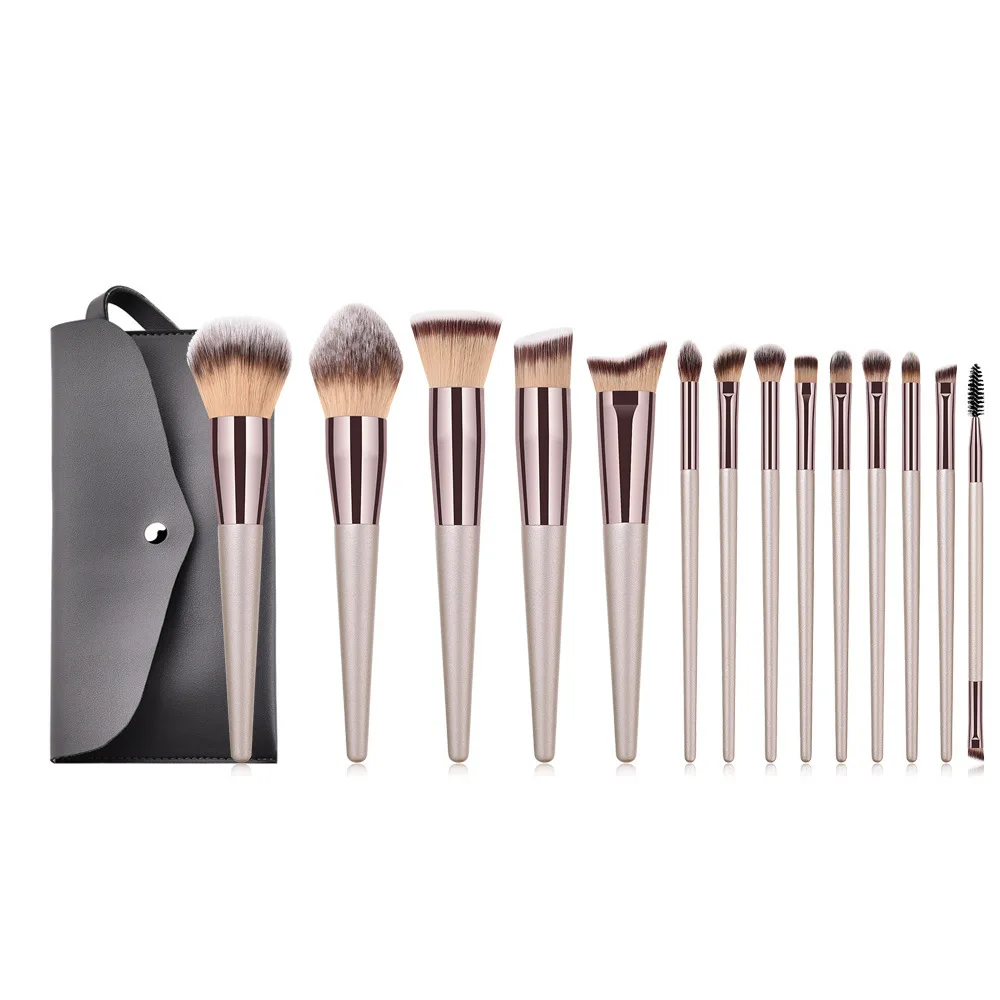 

Professional Wholesale 14pcs Champaign Gold Makeup Brush with Cosmetic Bag Private Label Acceptable Set OEM Tools Wood