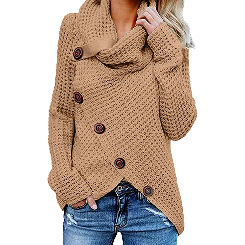 

Long sleeved irregular diagonal button knit fall sweaters tops women