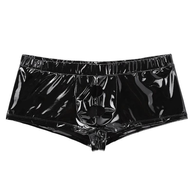 

iEFiEL Mens Patent Leather Lingerie Low Rise Panties Bulge Pouch Boxer Briefs Shorts Underwear with Holes