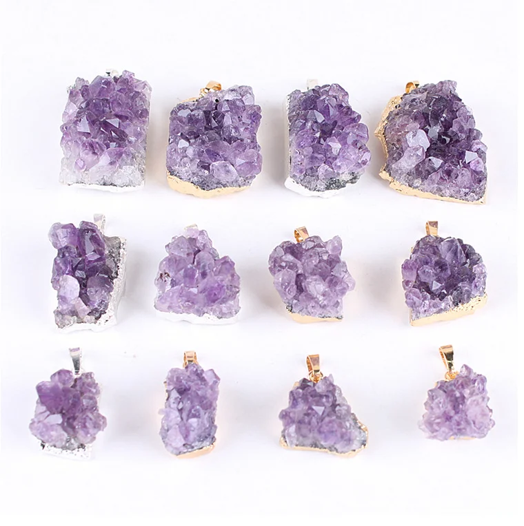 

XUNBEI Amethyst Cluster Druzy Rough Gemstone Charm Gold Necklace Pendants Gold Plated Jewelry Handmade Design Amethyst Crystal