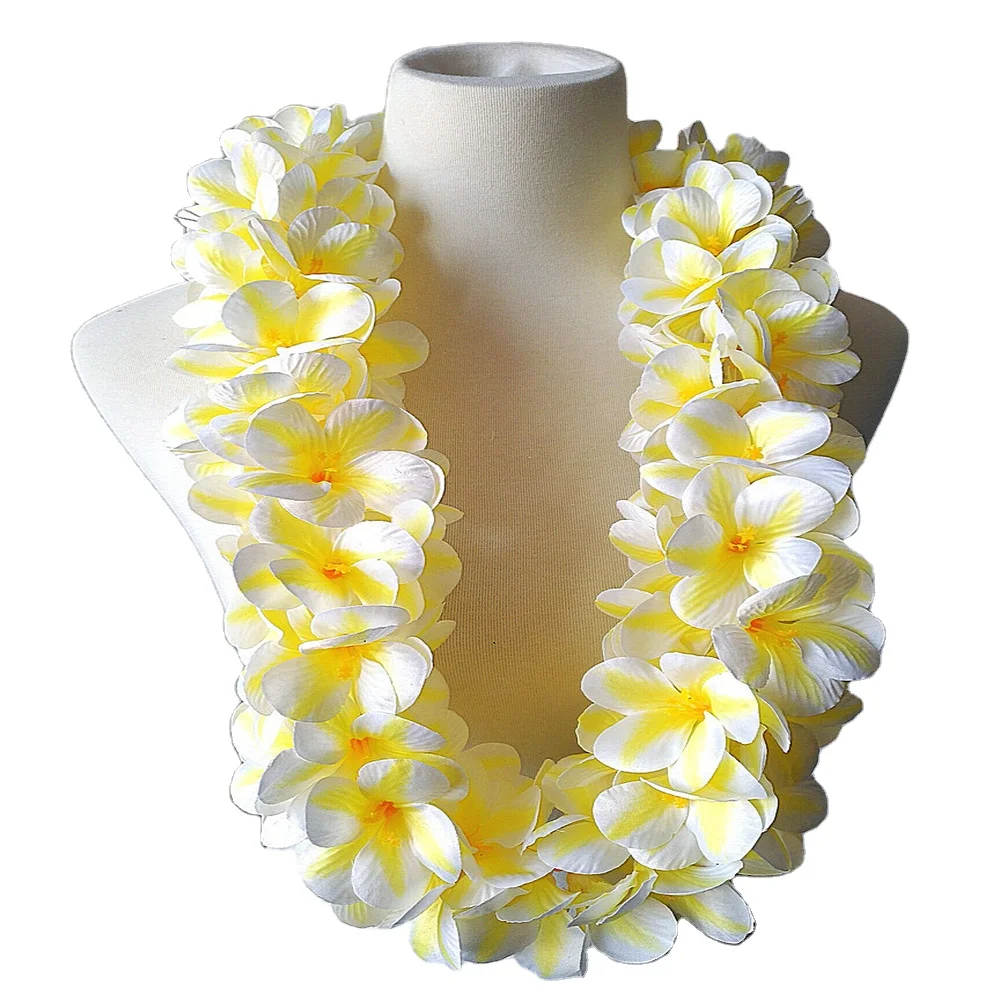 

Factory Supplier CH03331A 100 CM Artificial Silk Plumeria Hawaiian Lei Hawaii Hula Dancer Tropical Flower Party Woman Necklace, White w yellow