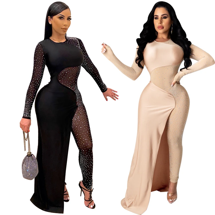 

Fashion Ladies Dresses Sequin Sexy Club Wear Skinny See Through Long Sleeve Evening Dress Women