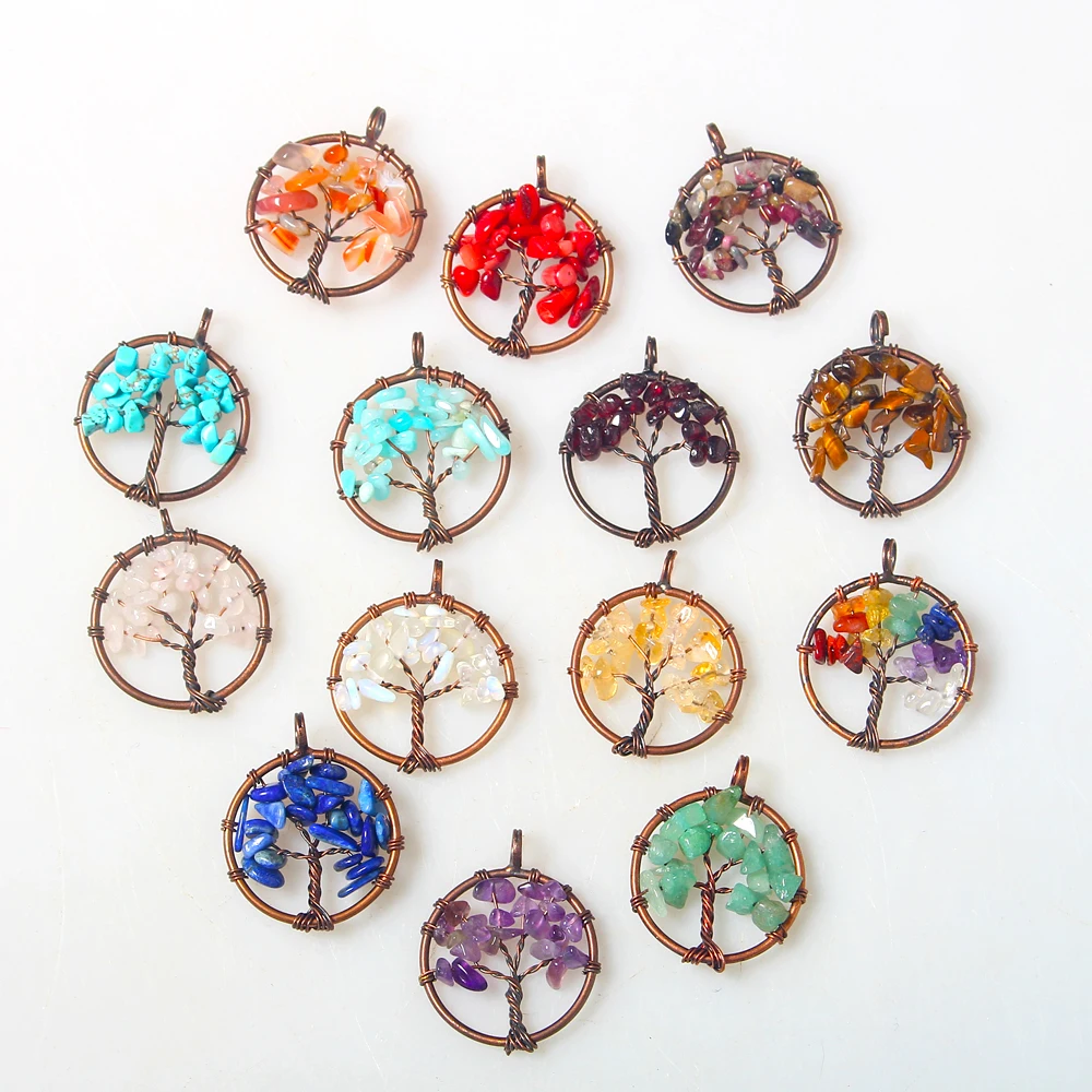 

wholesale handmade Wisdom Life Tree Pendant 7 Chakra Stone Rainbow Rose Green Crystals Necklaces, Colorful