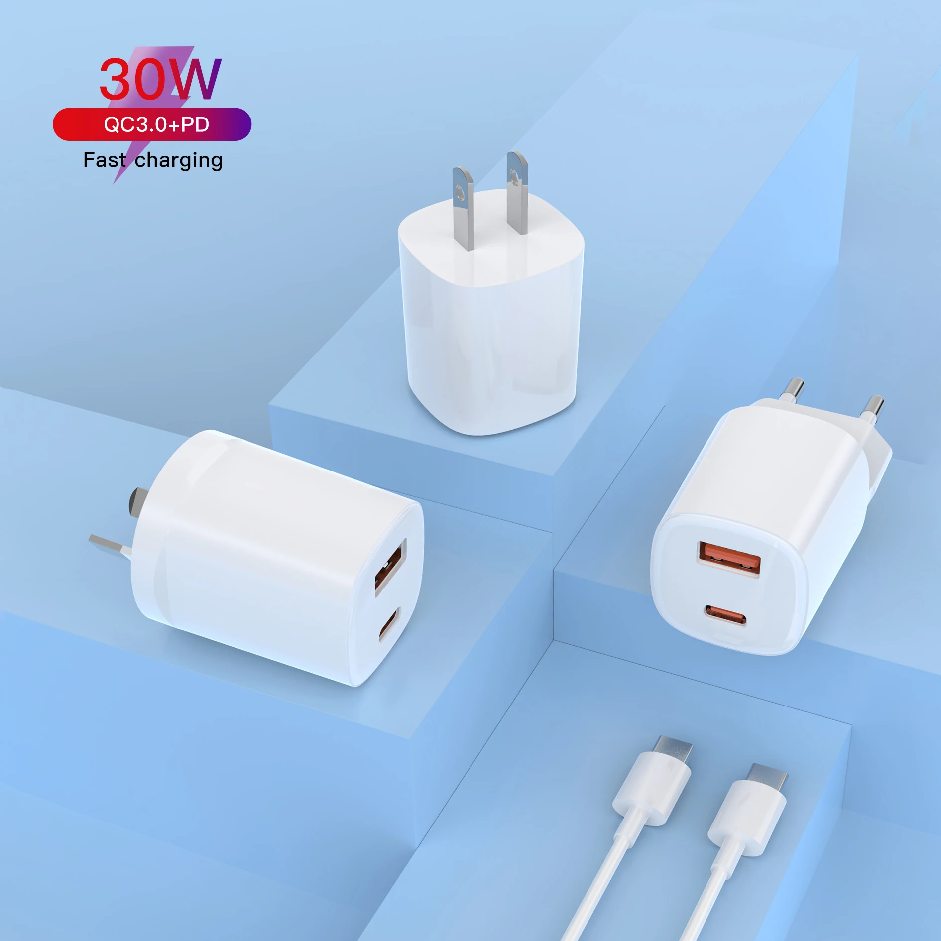 

30W PD USB-C + USB Charger Quick Travel Adapter 30W Fast Charger 2 Port USB Wall Universal Charger
