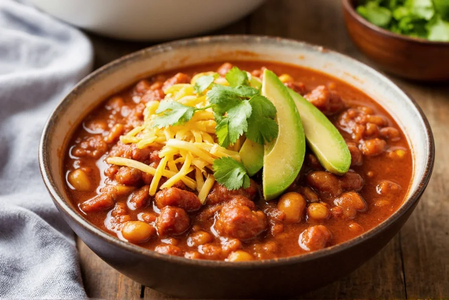 Bowl of steaming turkey chili with toppings including cheese, avocado, and cilantro