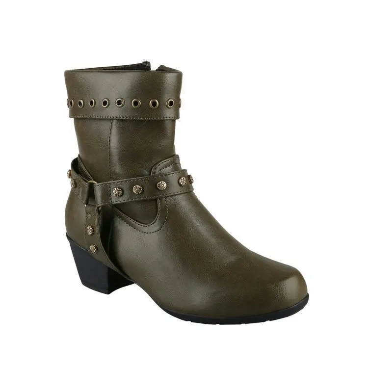 

2021 New Winter Ladies Retro Boots Solid Color Round Head Rivet Thick Heel Belt Buckle Ladies Ankle Boots