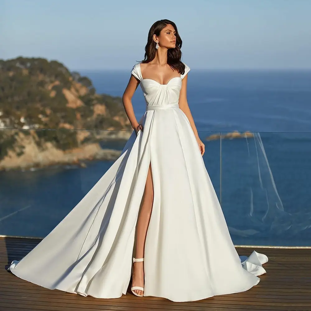 

11808#Bohemian Cap Sleeve Satin High Slit SweepTrain Sweetheart Side Pocket Simple Wedding Dress Wedding Bridal Gown Custom