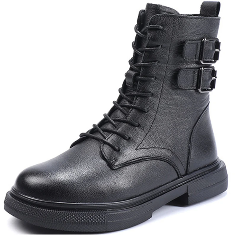 

2021 Warm Shoes For Women Winter Ankle Boots Genuine Leather Martens Black Platform Boots Lace-Up Shoes Boots