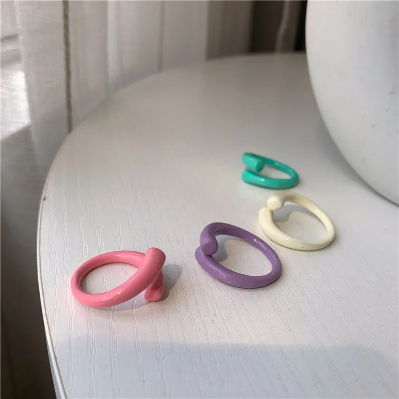 

MuXi Multicolor enamel band rainbow ring adjustable black pink green white neon enamel painted Couple metal ring, Picture