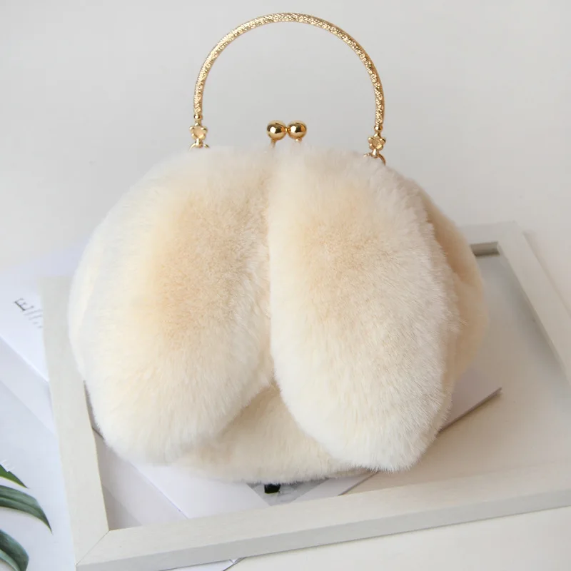 

New arrivals lady faux fur purse with rabbit ears single shoulder chain bag fall and winter fashion fur handbags for women, Pink, gray, leopard, khaki, beige