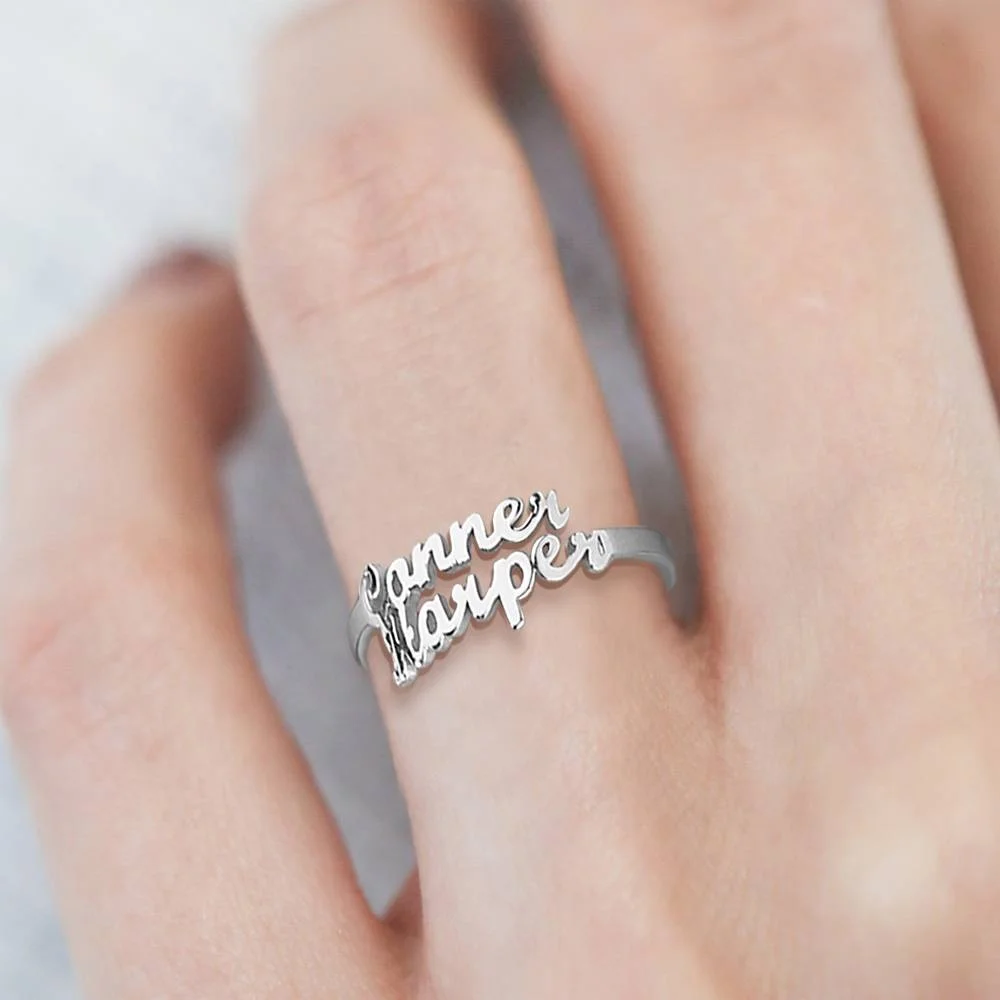 

Custom Double Name Ring Silver Rings 925 Sterling Silver Name Plate Rings For Women