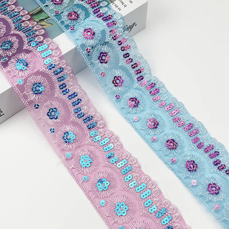 

wholesale embroidery sequin lace chiffon flower trim for clothing, Blue,rose