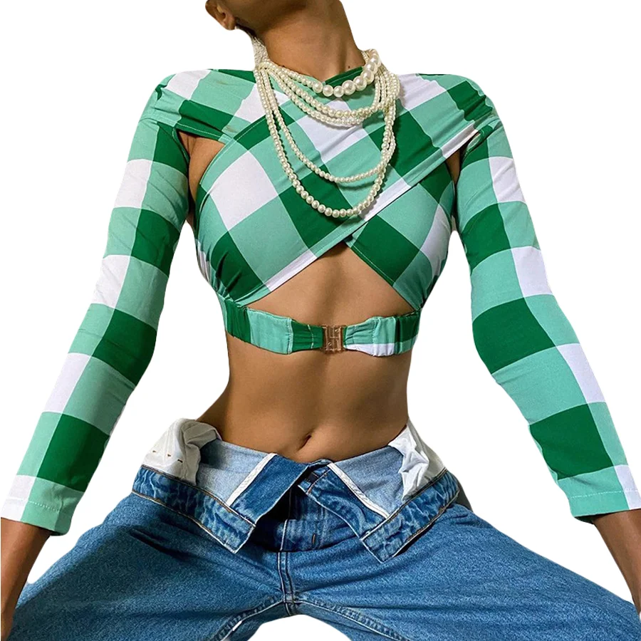 

2021 Summer Streetwear Women Sexy Hollow Long Sleeve Crop Top Korean Female Casual Plaid Elastic T Shirt Women's Custom Clothing, Green,red