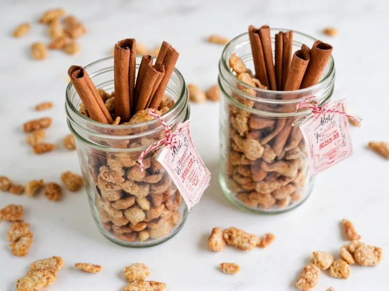 Mason jars filled with Chex Mix and cinnamon sticks for gifting