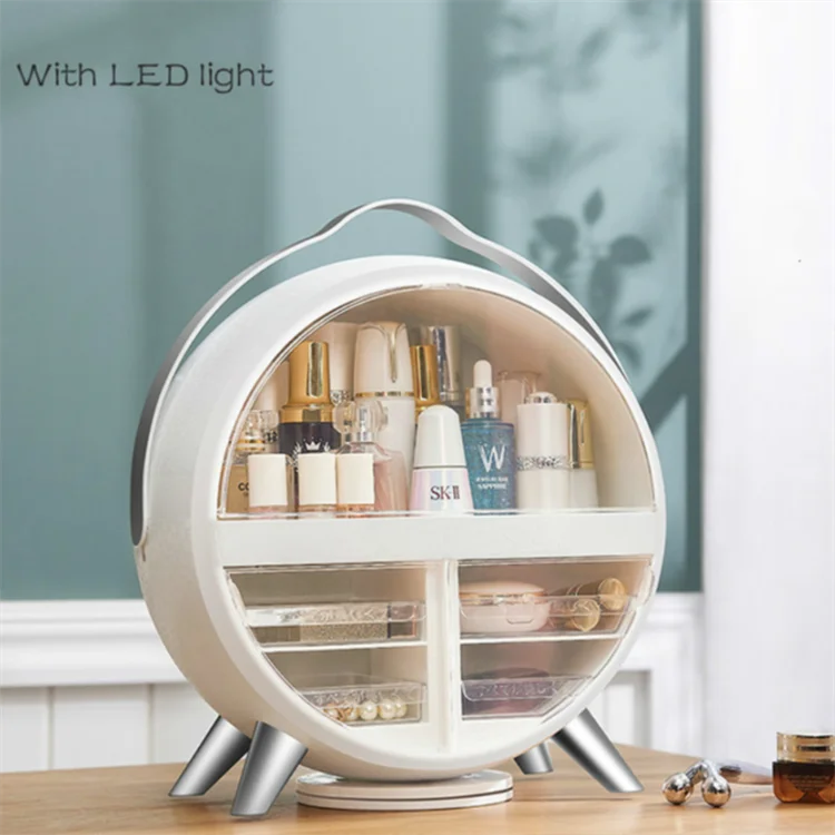 

360 Makeup Organizer Cosmetic Storage Box Pink Makeup Organizer with Mirror Led Light, White or pink