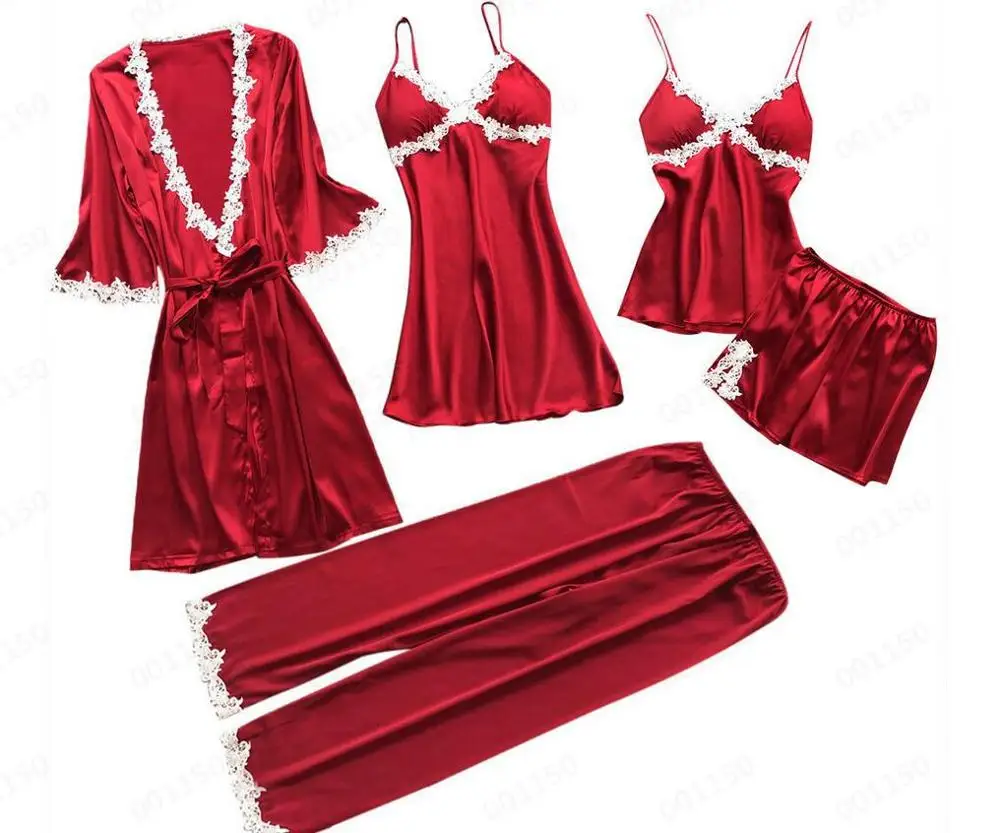 

Good Quality 5 Pieces Lace Flower Side Sexy Pajama Sets Confortable Hot Sexy Silk Sleepwear Women, Red,wine red,black,pink, grey